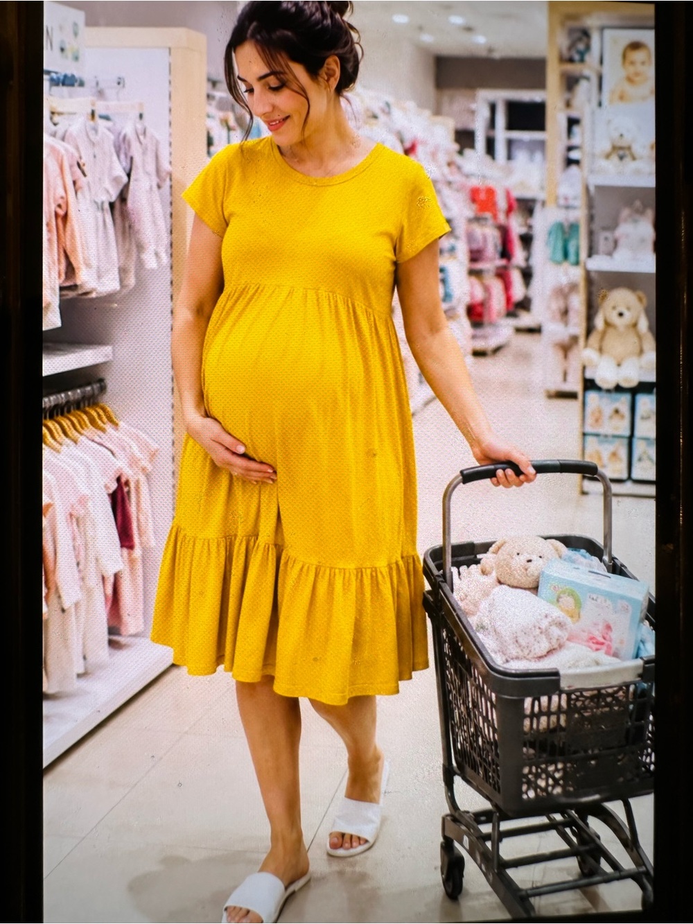 100% cotton Time  and Tru Mustard Yellow Maternity Ruffle-Hem Midi Dress